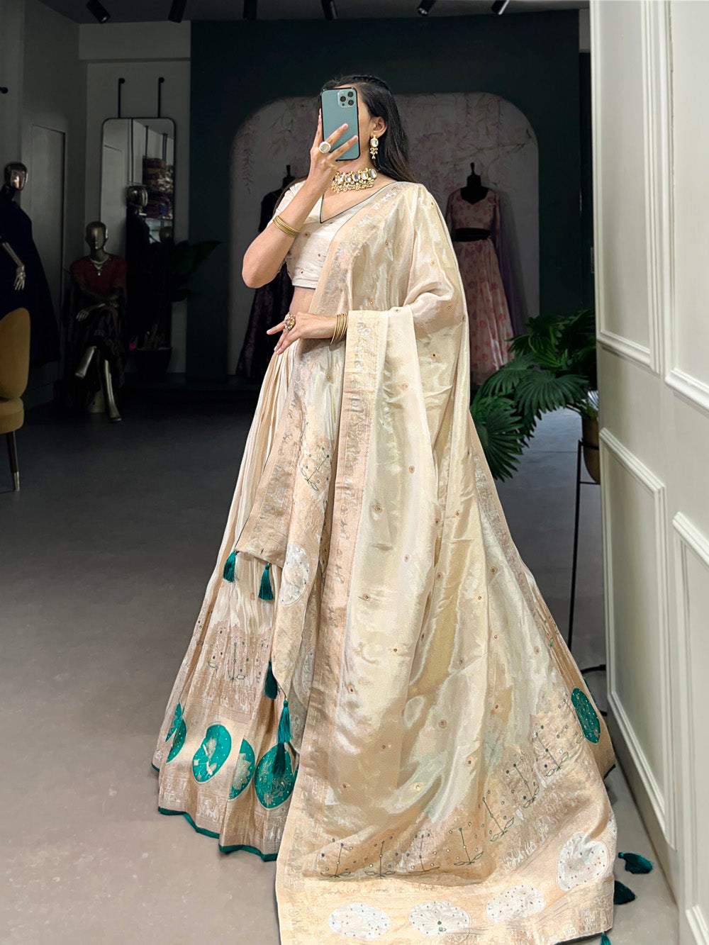 Bottle Green Color Mirror And Bids (Moti) Handwork Shimmer With Weaving Work Lehenga Choli