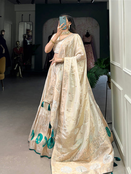 Bottle Green Color Mirror And Bids (Moti) Handwork Shimmer With Weaving Work Lehenga Choli