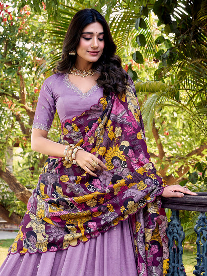 Lavender Color Sequins And Thread Embroidery Work Vichitra Silk Lehenga