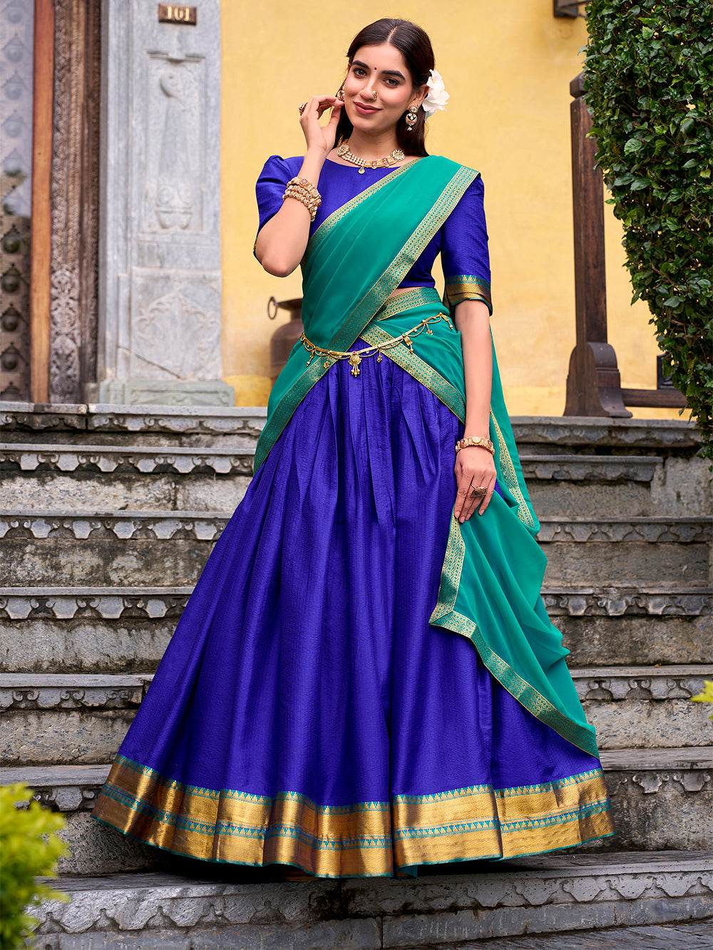 Royal Blue Color Zari Weaving Work Poly Cotton Lehenga choli