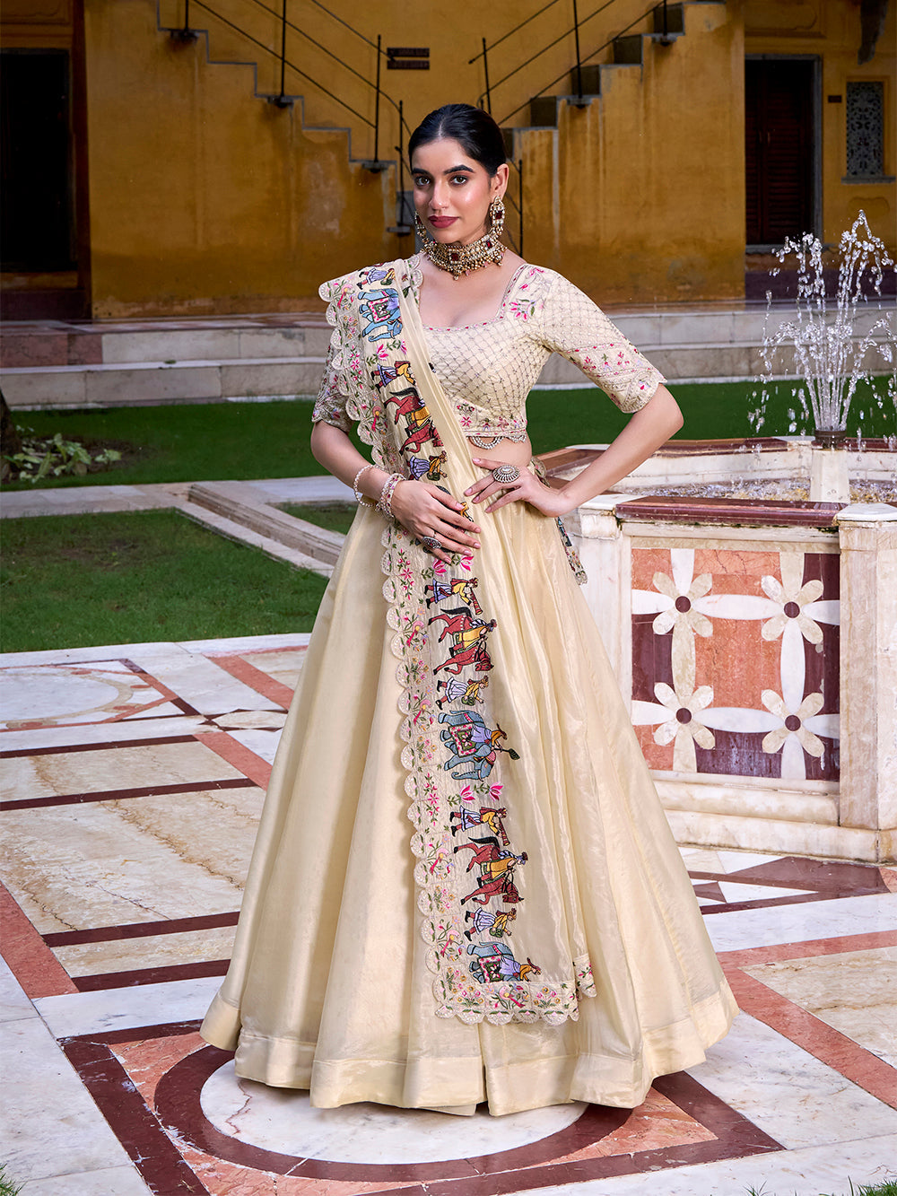 Cream Color Sequince And Thread Embroidery Work Raspberry Lehenga Choli