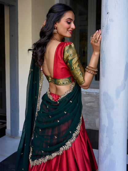 Red Color Zari Weaving Work Narayan Pattu Lehenga Choli