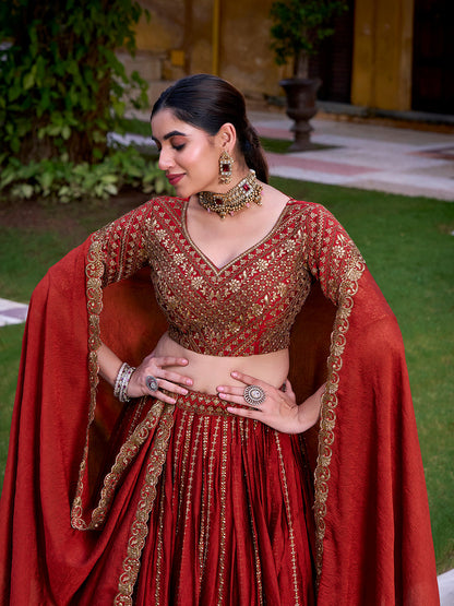 Rust Orange Color Sequins And Thread Embroidery Work Rangoli Crush Lehenga Choli
