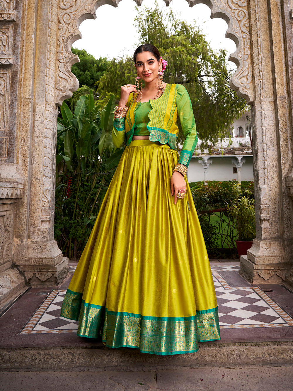 Parrot Color Zari Weaving Work Poly Cotton Lehenga Choli