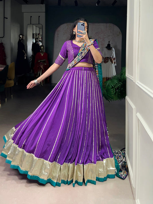 Purple Color Zari Weaving Work With Embossed Design Chanderi Lehenga Choli