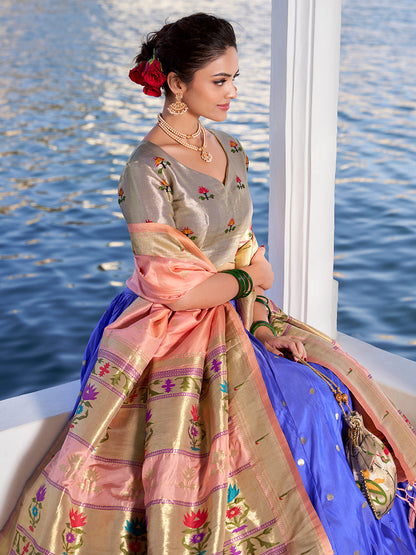 Blue Weaving Zari Work With Jacquard Silk (Paithani) Lehenga Choli