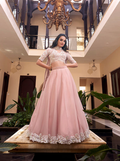 Pastel Pink Color Pearl Coding And Sequins Embroidery Work Weone Silk Lehenga Choli