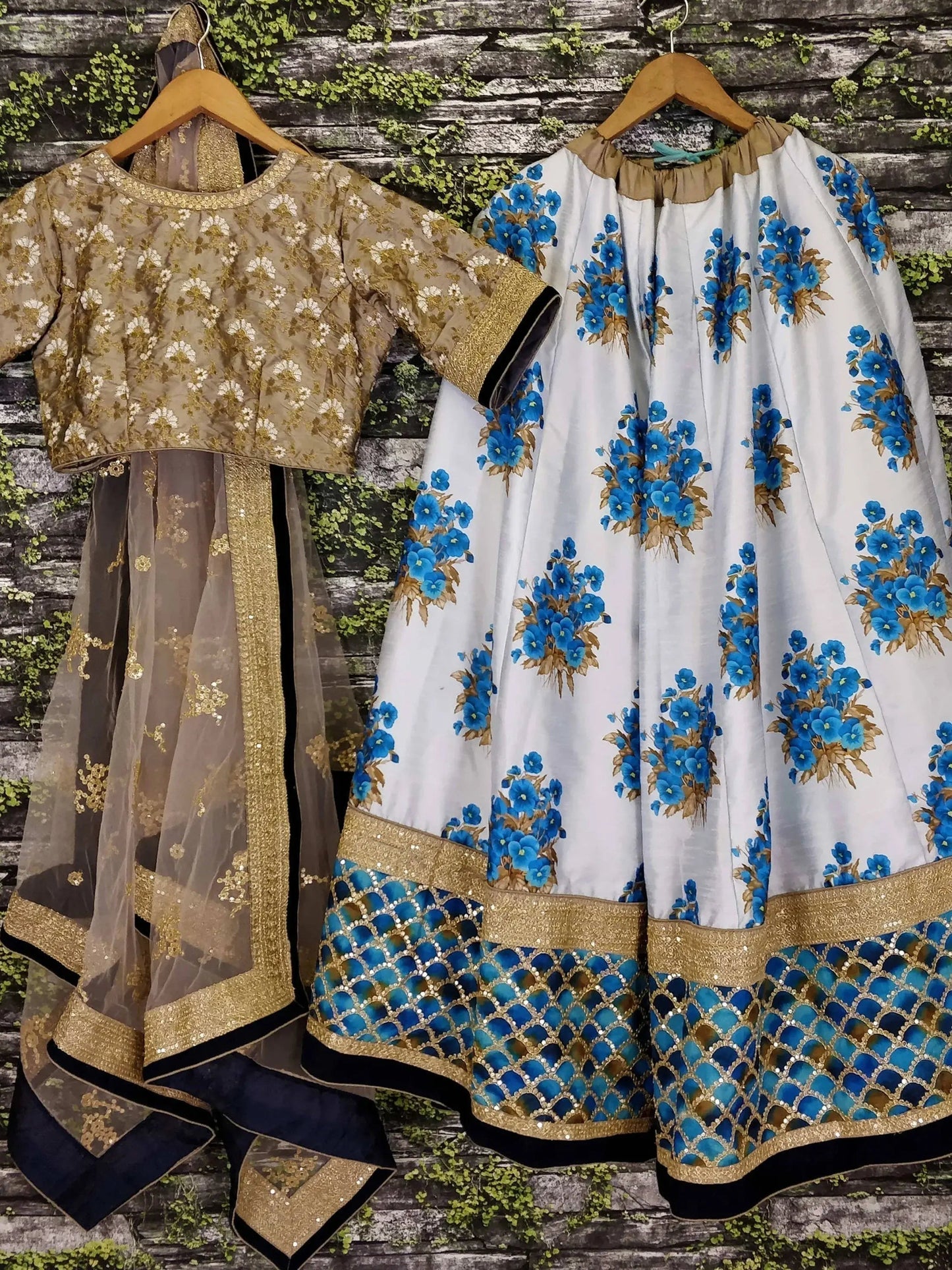 White Botanical Flower Butta Printed Lehenga with Embroidered Blouse - Zeel Clothing