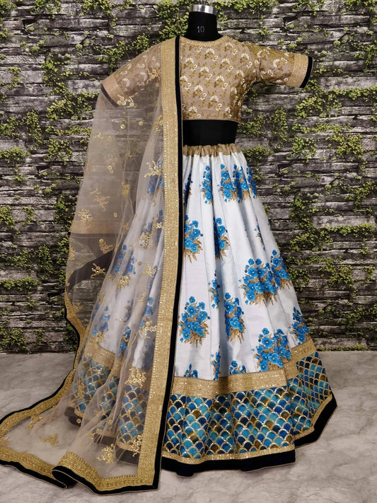 White Botanical Flower Butta Printed Lehenga with Embroidered Blouse - Zeel Clothing