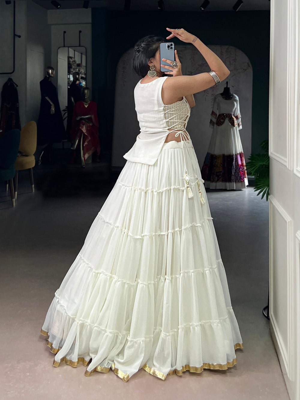 White Color Embossed Design Lace Border Marbel Chaniya Choli