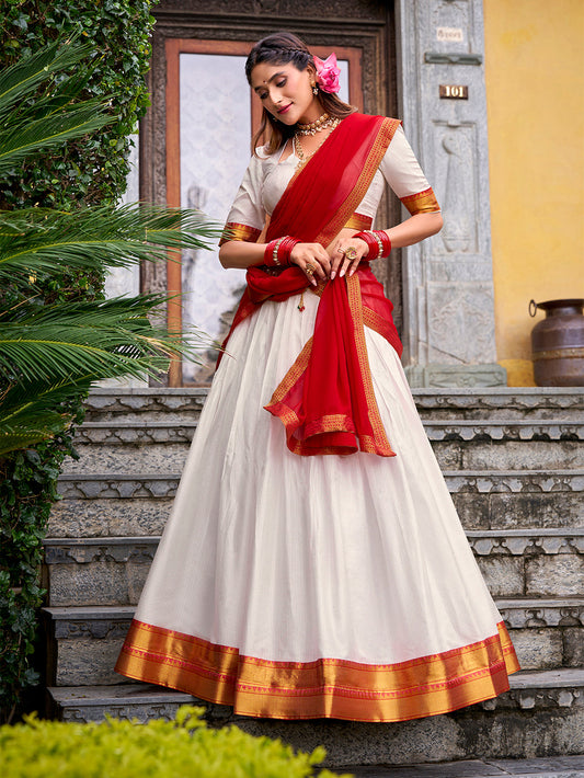 White Color Zari Weaving Work Poly Cotton Lehenga choli