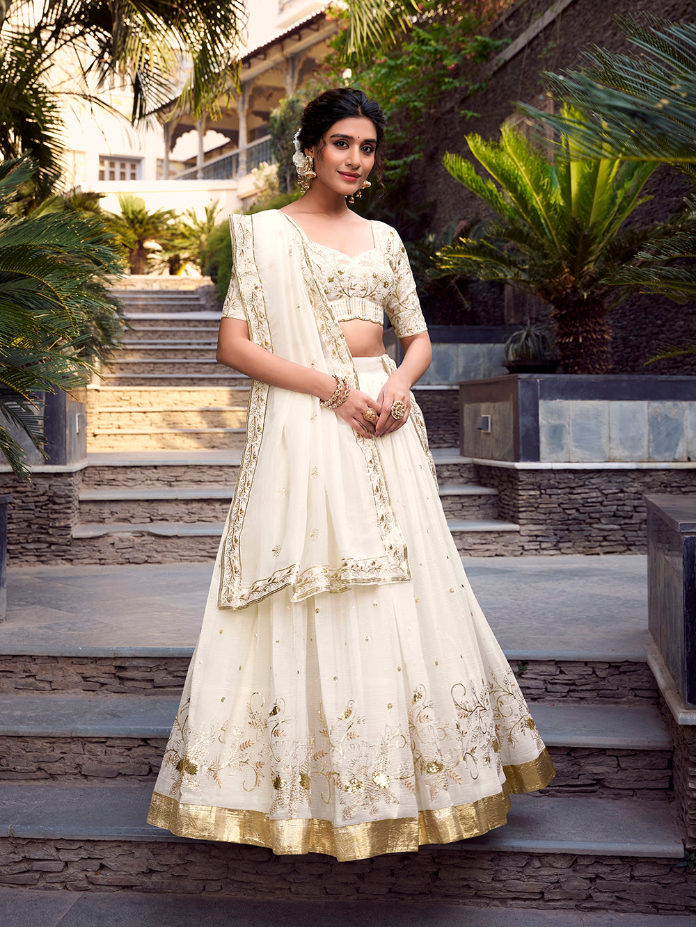 Off White Color Sequins And Embroidery With Foil Work Silver Glosy Lehenga Choli