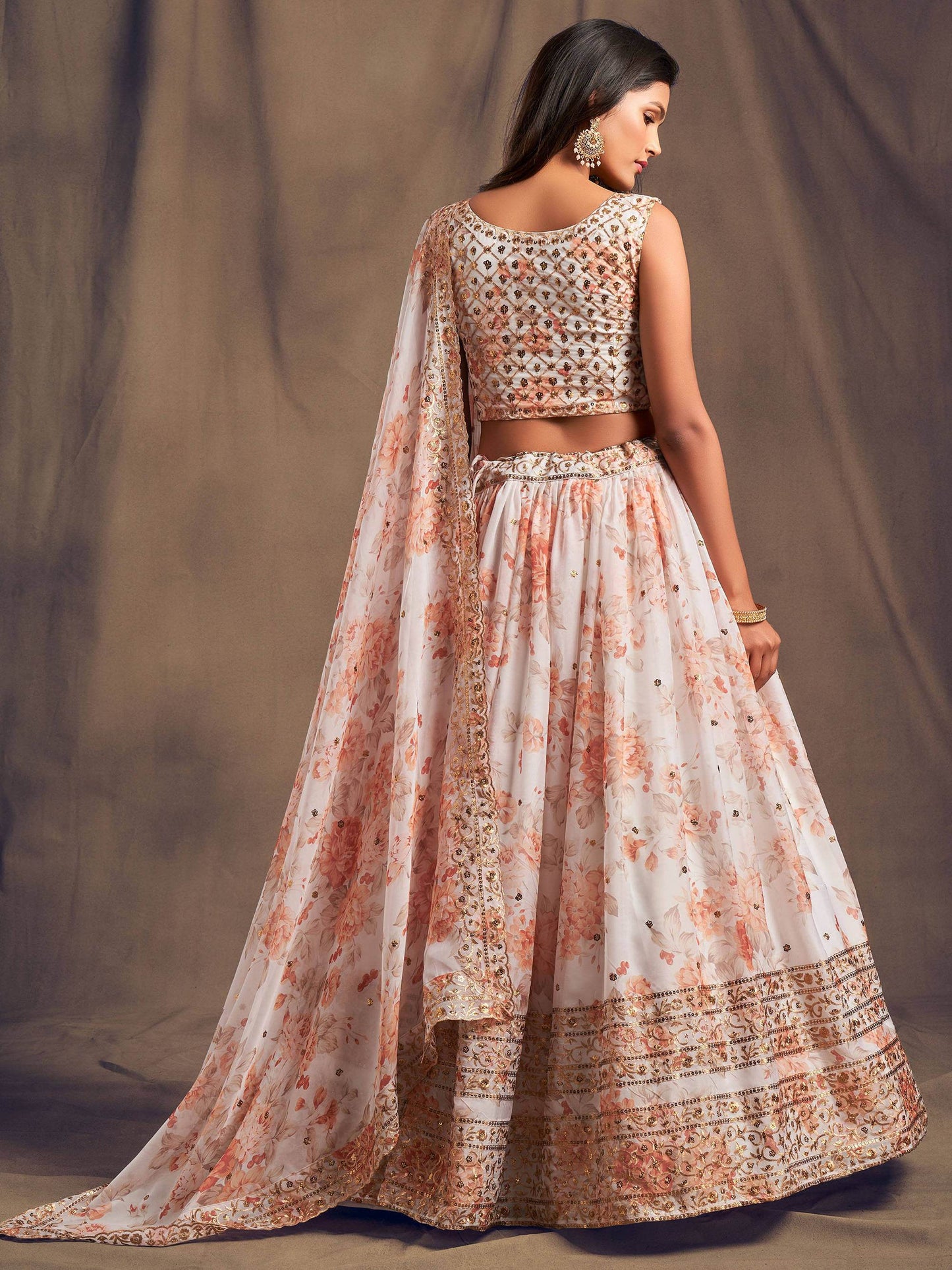 White Floral Printed Organza Festival Lehenga Choli - Zeel Clothing