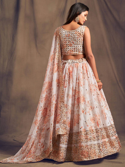 White Floral Printed Organza Festival Lehenga Choli - Zeel Clothing