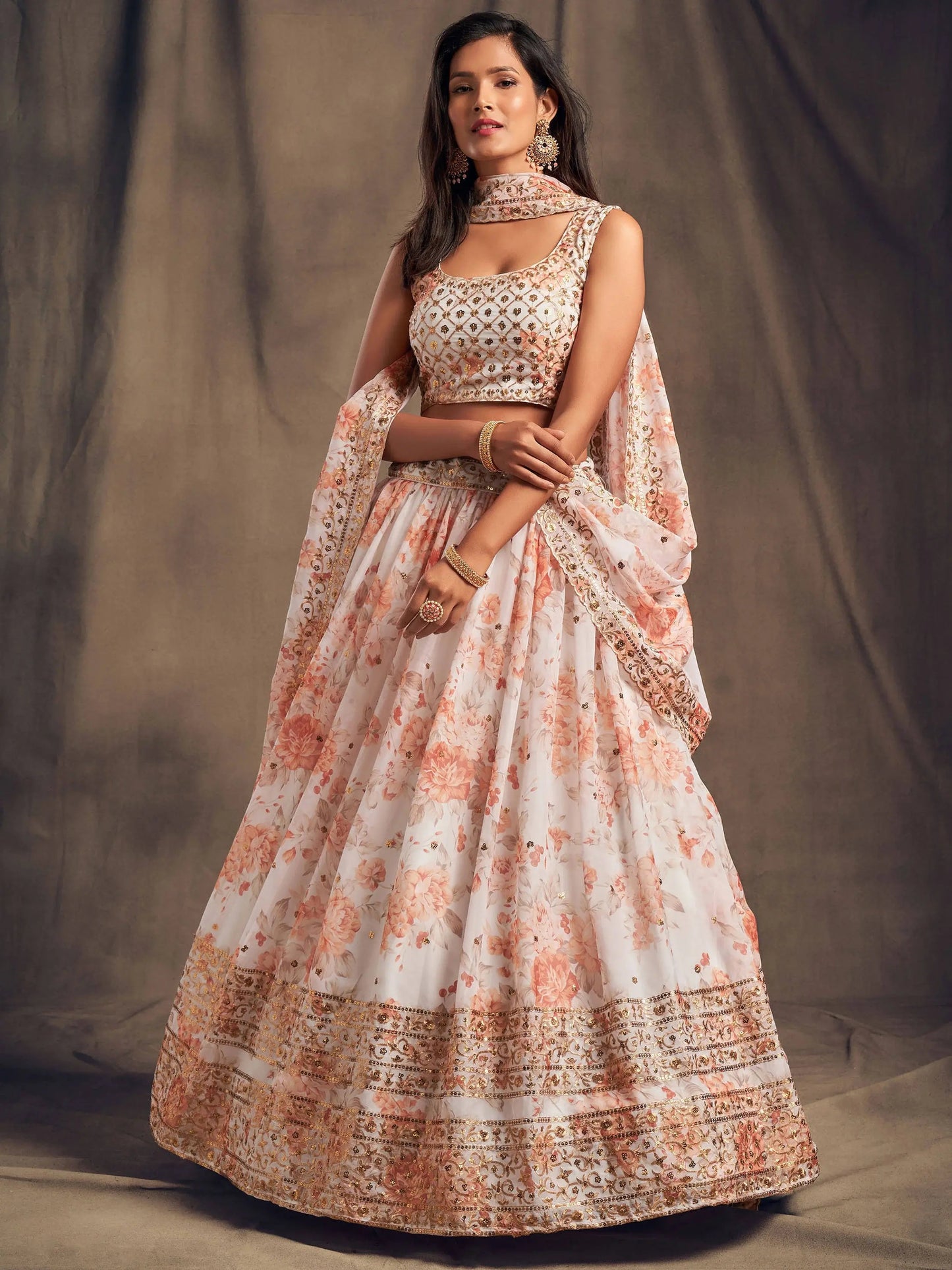 White Floral Printed Organza Festival Lehenga Choli - Zeel Clothing