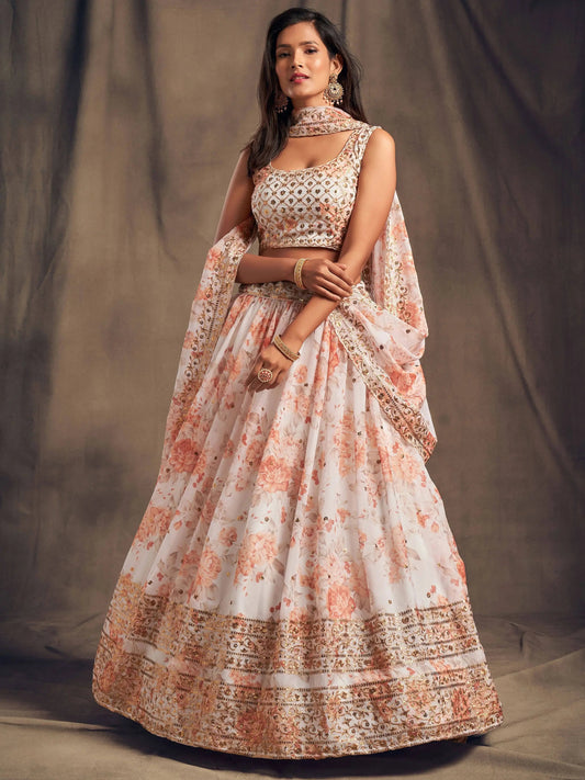 White Floral Printed Organza Festival Lehenga Choli - Zeel Clothing