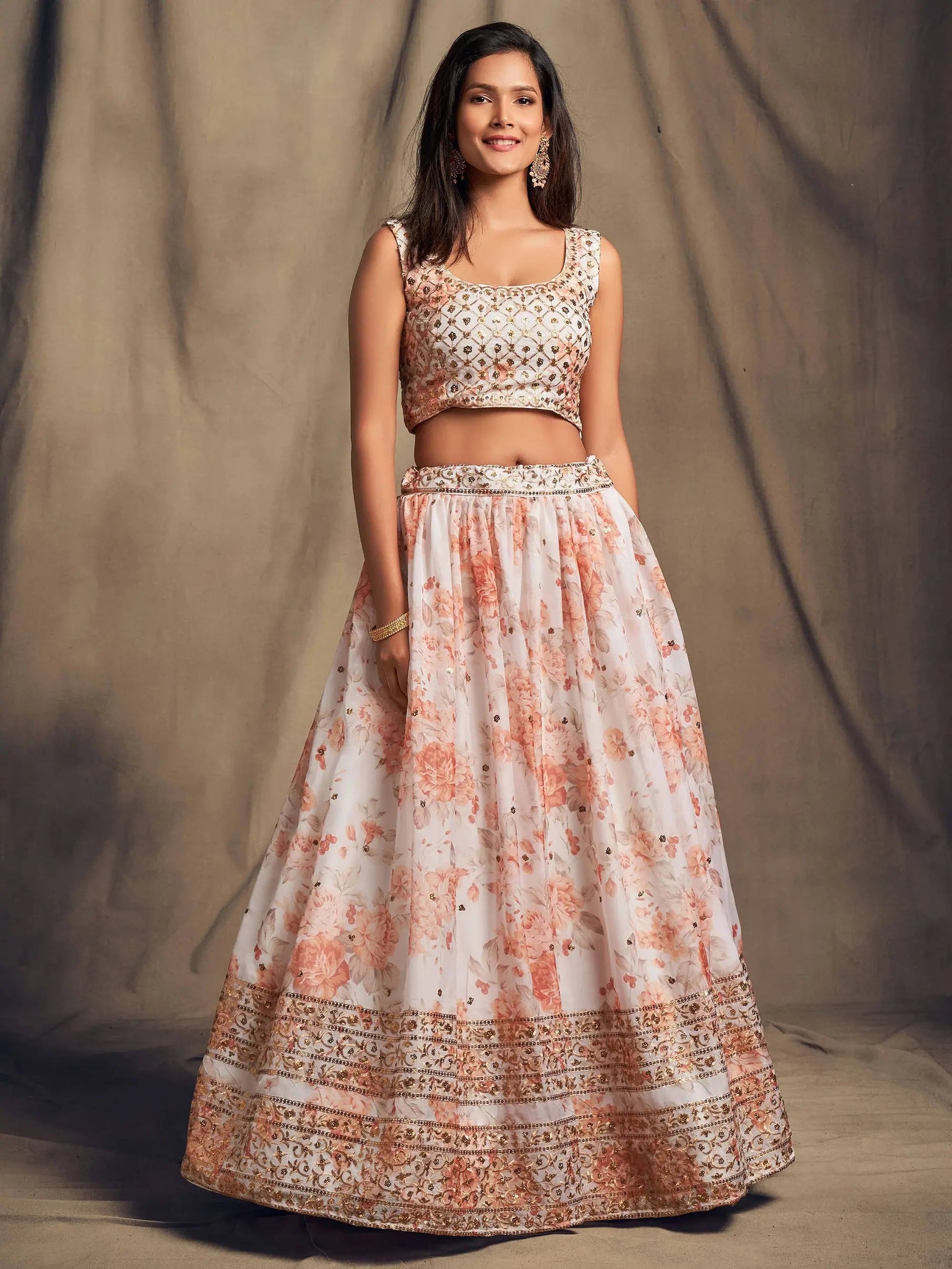 White Floral Printed Organza Festival Lehenga Choli - Zeel Clothing