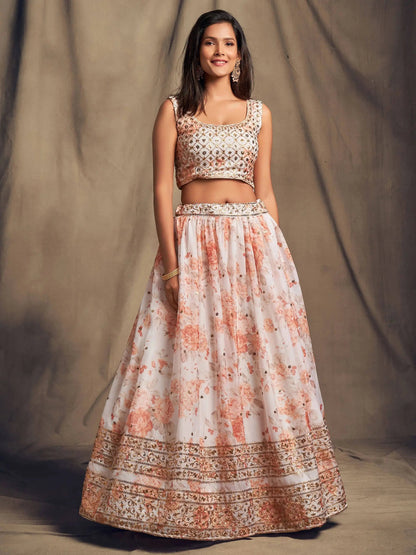 White Floral Printed Organza Festival Lehenga Choli - Zeel Clothing