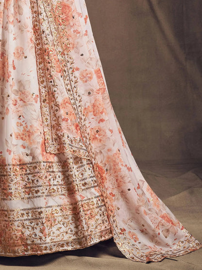 White Floral Printed Organza Festival Lehenga Choli - Zeel Clothing