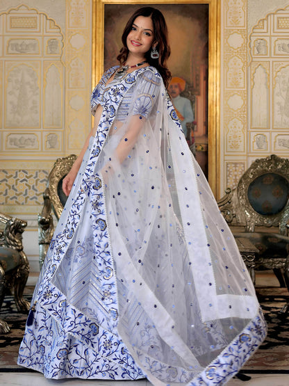 Delicate White Thread Work Satin Wedding Wear Lehenga Choli With Dupatta