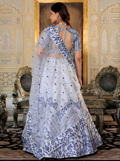 Delicate White Thread Work Satin Wedding Wear Lehenga Choli With Dupatta