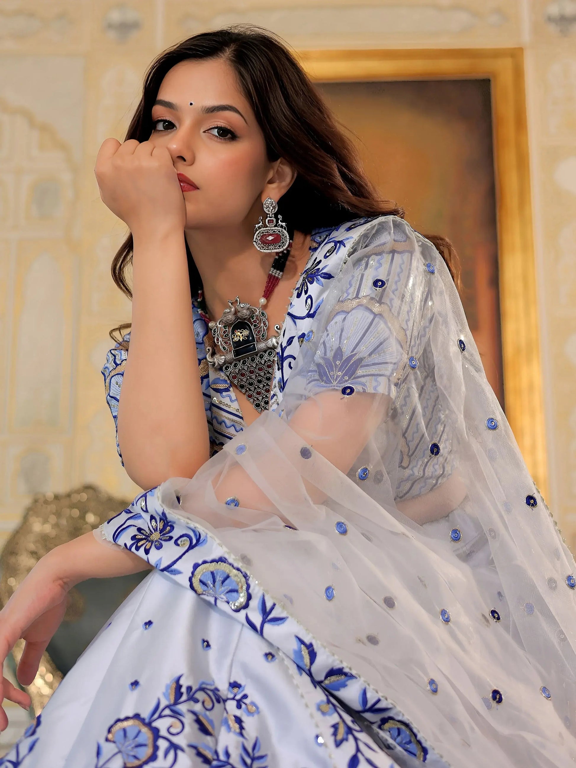 Delicate White Thread Work Satin Wedding Wear Lehenga Choli With Dupatta