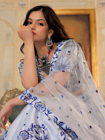 Delicate White Thread Work Satin Wedding Wear Lehenga Choli With Dupatta