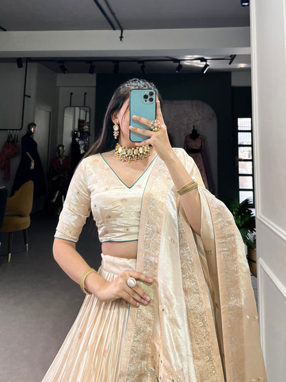 Bottle Green Color Mirror And Bids (Moti) Handwork Shimmer With Weaving Work Lehenga Choli