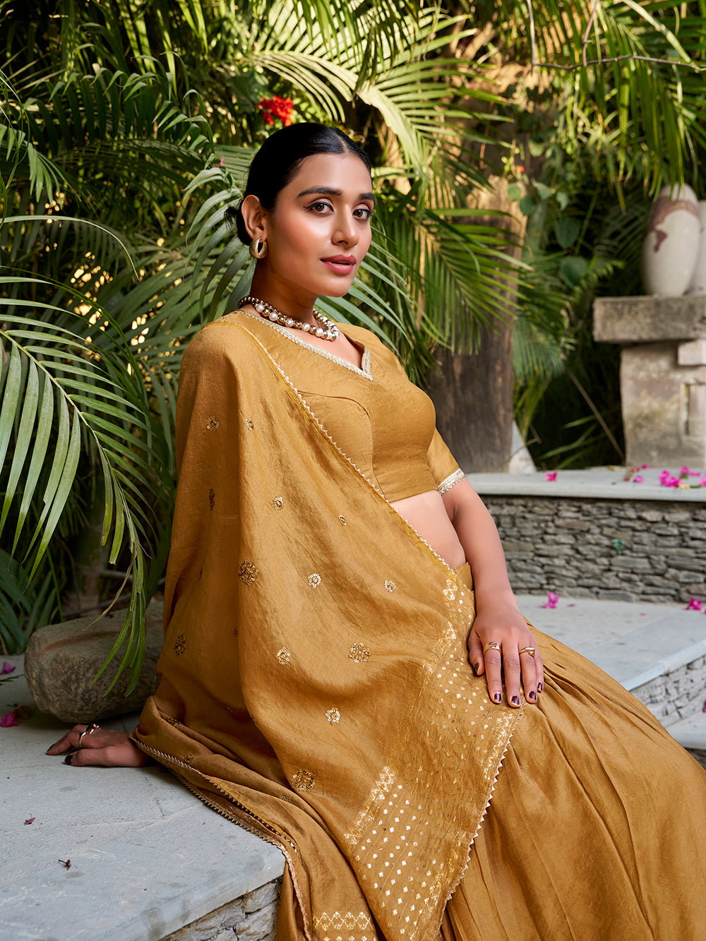 Mustard Color Plain With Zari Weaving Work Chanderi Lehenga Choli