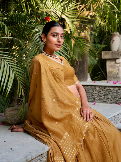 Mustard Color Plain With Zari Weaving Work Chanderi Lehenga Choli