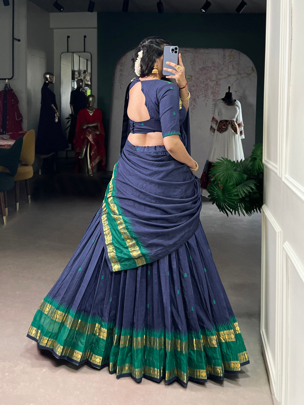 Navy Blue Color Zari Weaving Work Chanderi Lehenga Choli
