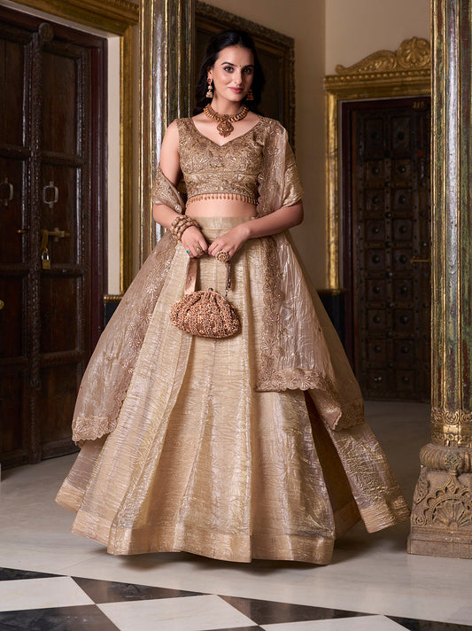 Chiku Color Sequins And Embroidery Work With Gold Crush Lehenga Choli