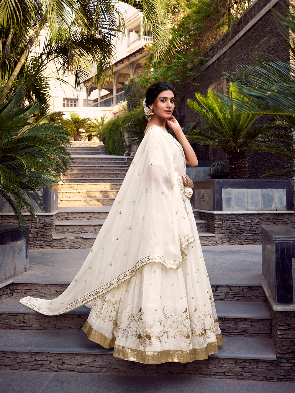 Off White Color Sequins And Embroidery With Foil Work Silver Glosy Lehenga Choli