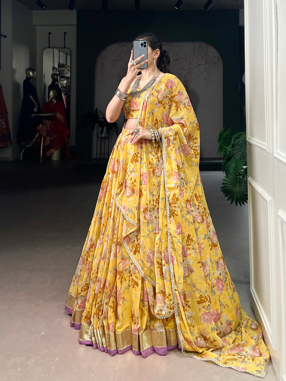 Yellow Color Floral And Foil Print With Embossed Design Chiffon Ghaghra choli