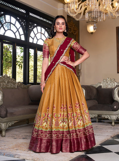 Mustard Color Printed With Zari Weaving Work Kanchipuram Lehenga Choli