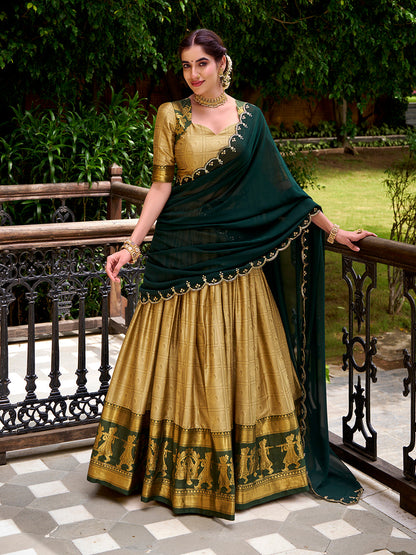 Cream Color Zari Weaving Work Poly Cotton Lehenga Choli