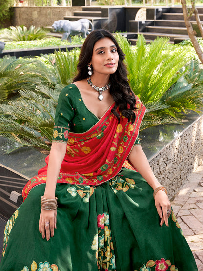Green Color Printed And Foil Work Tussar Silk Lehenga Choli