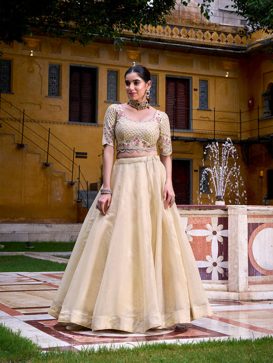Cream Color Sequince And Thread Embroidery Work Raspberry Lehenga Choli