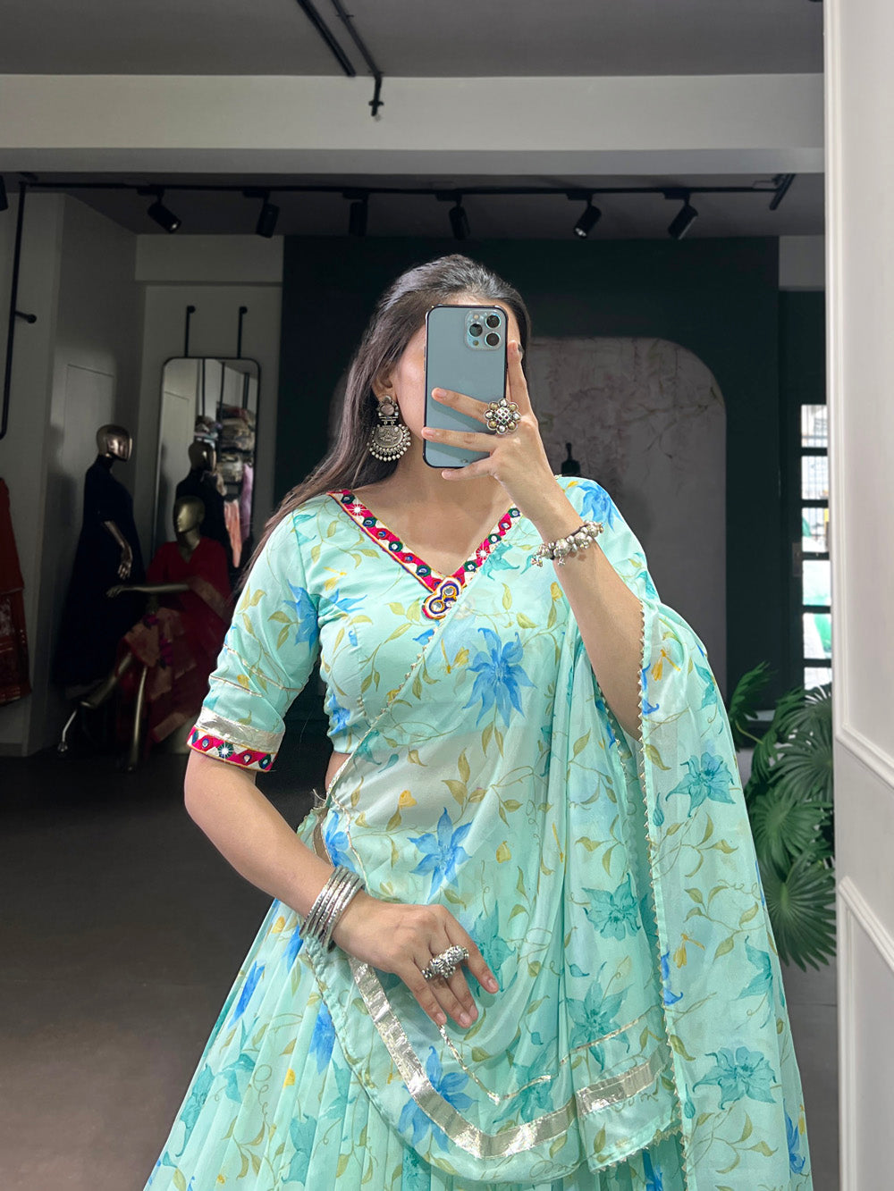 Pista Color Floral Print With Embossed Design Tabby Silk Chaniya Choli