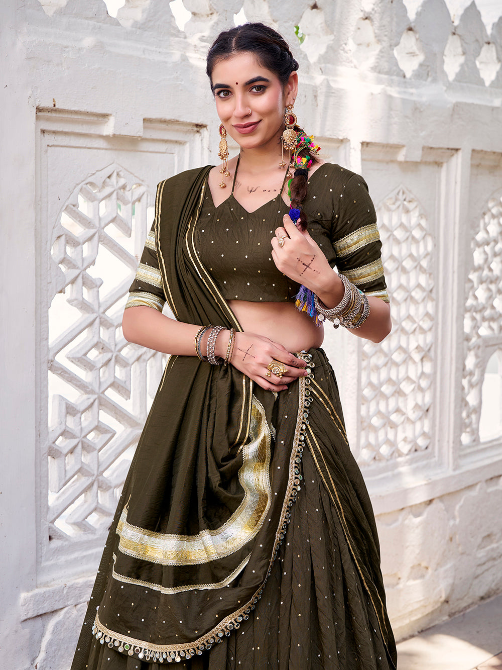 Mehendi Color Zari Weaving Work With Embossed Design Chanderi Lehenga Choli