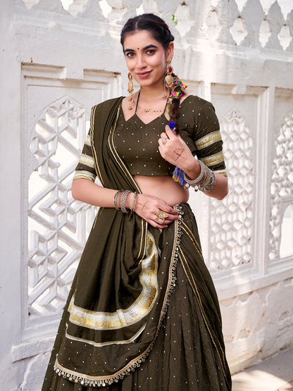 Mehendi Color Zari Weaving Work With Embossed Design Chanderi Lehenga Choli