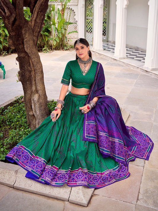 Green Color Bandhej Print With Gotta Patti Lace Tasar Silk Lehenga Choli