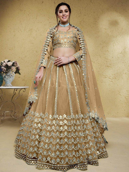 Wonderful Beige Foil Work Net Party Wear Lehenga Choli With Dupatta - Zeel Clothing
