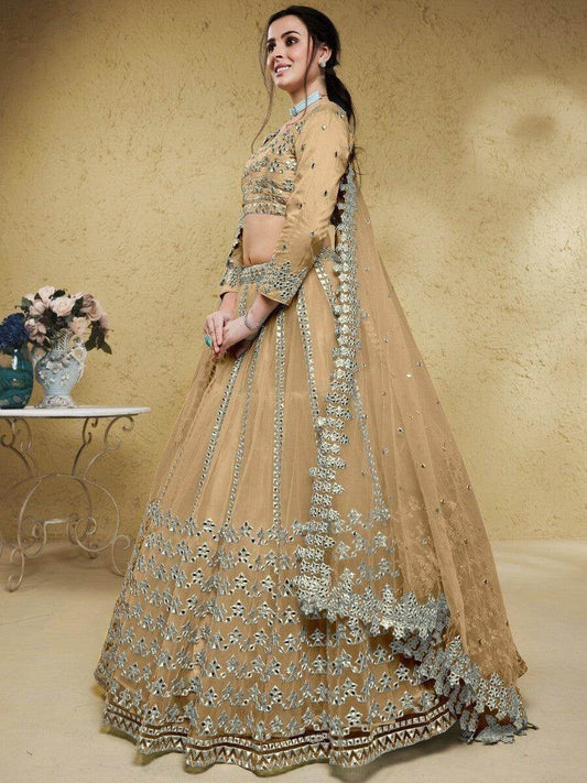 Wonderful Beige Foil Work Net Party Wear Lehenga Choli With Dupatta - Zeel Clothing