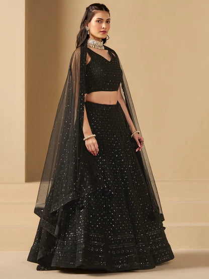 Wonderful Black Sequins Georgette Reception Wear Lehenga Choli - Zeel Clothing