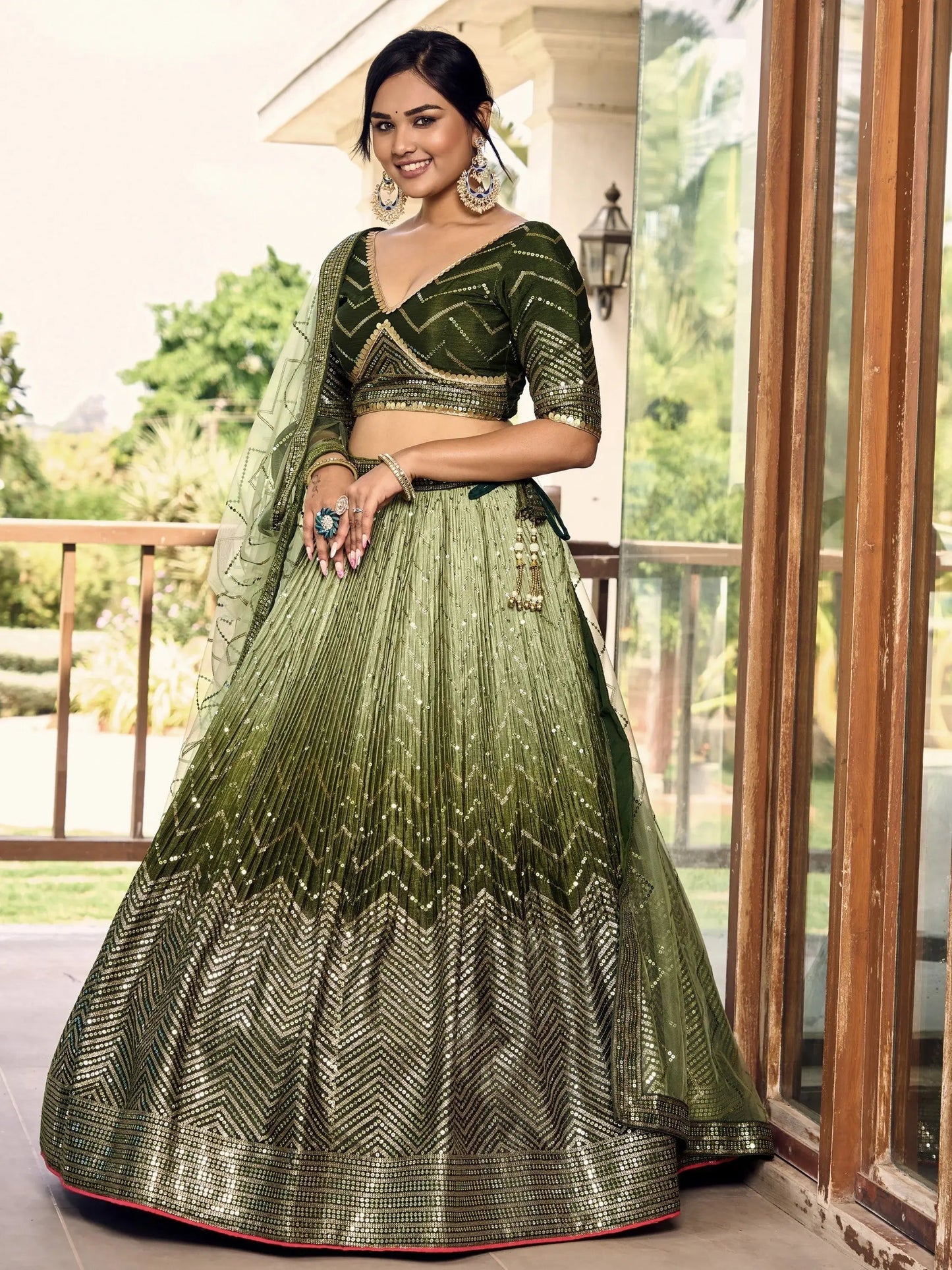 Wonderful Green Sequins Chinon Mehendi Wear Lehenga Choli - Zeel Clothing