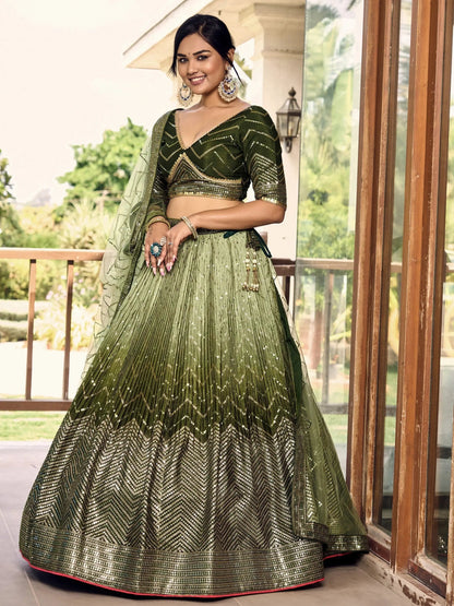 Wonderful Green Sequins Chinon Mehendi Wear Lehenga Choli - Zeel Clothing