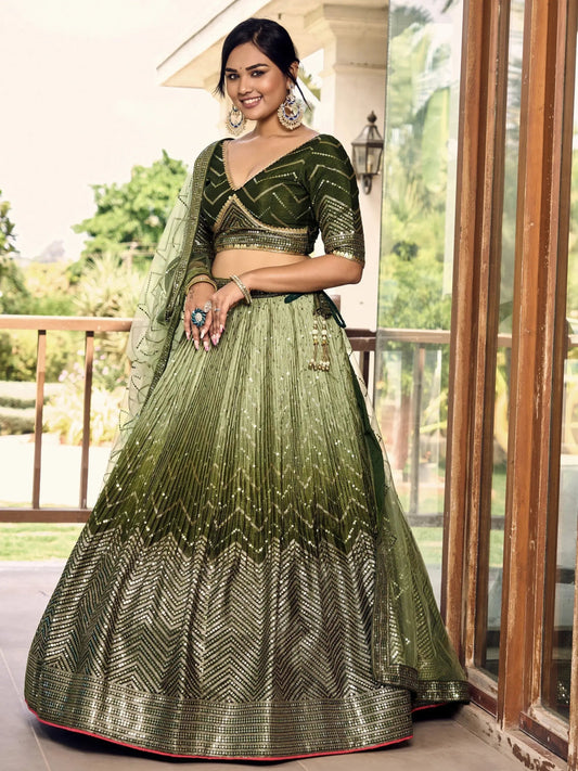 Wonderful Green Sequins Chinon Mehendi Wear Lehenga Choli - Zeel Clothing