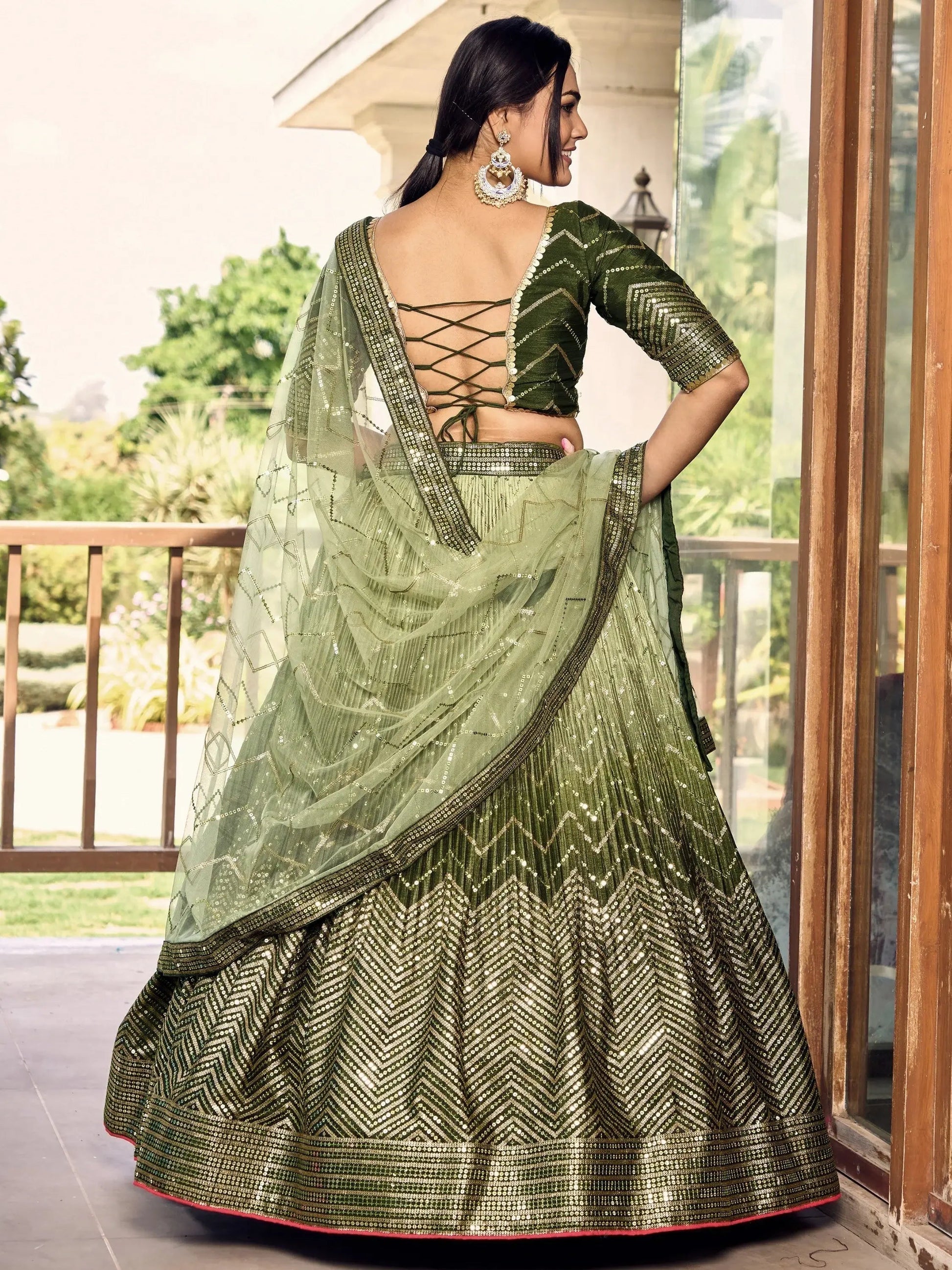 Wonderful Green Sequins Chinon Mehendi Wear Lehenga Choli - Zeel Clothing