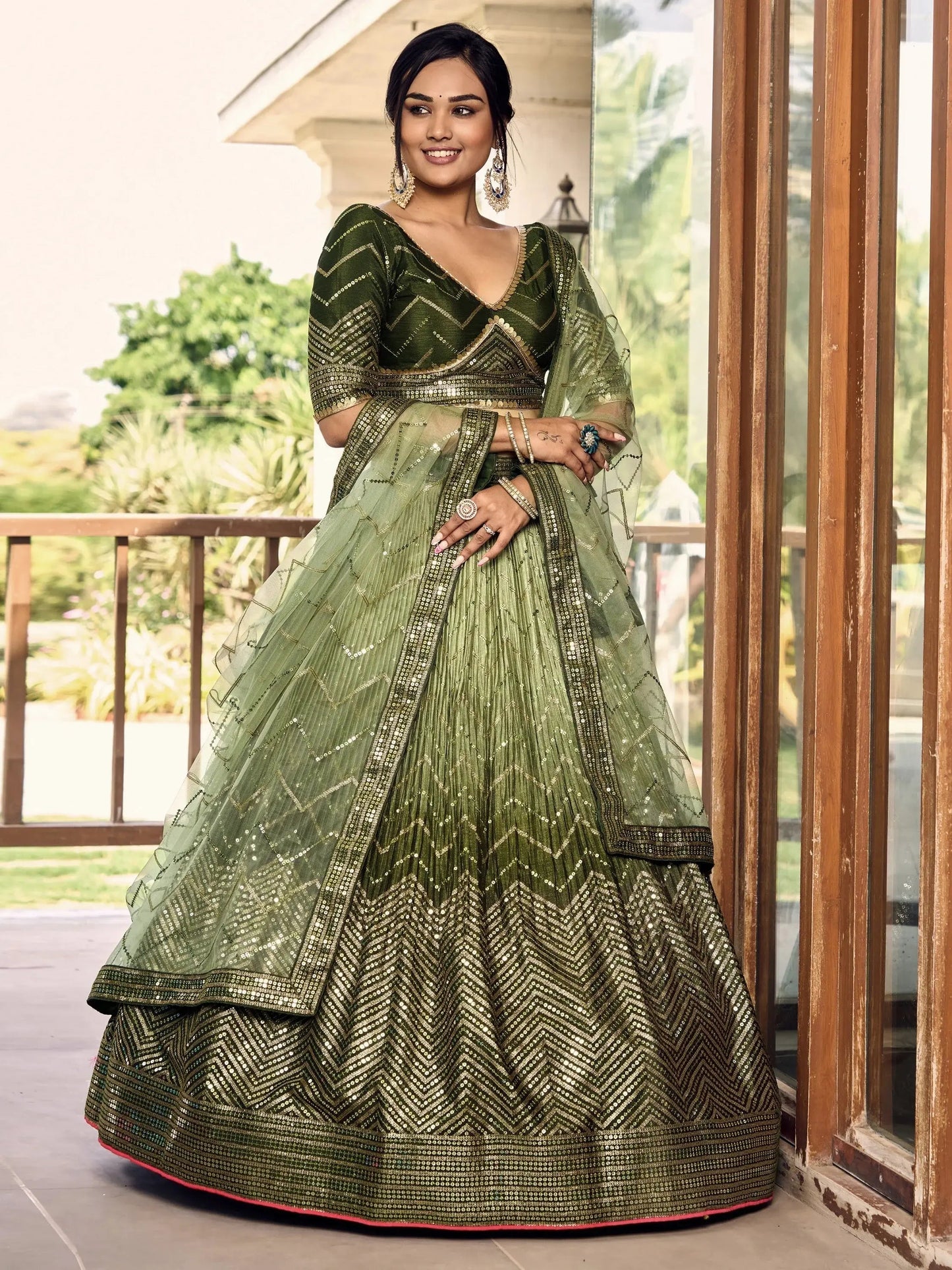 Wonderful Green Sequins Chinon Mehendi Wear Lehenga Choli - Zeel Clothing